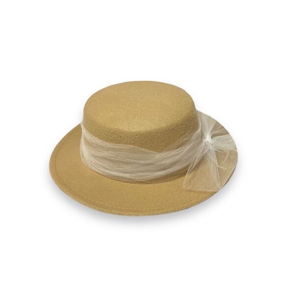 Tan Round Crown Stiff Short Brim Tulle Bow Band Felt Boater Hat - Picture 2 of 4